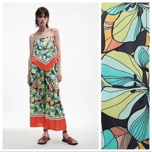 NWT. Zara Green Floral Print Printed Flowing High Waist Trousers. Size S.